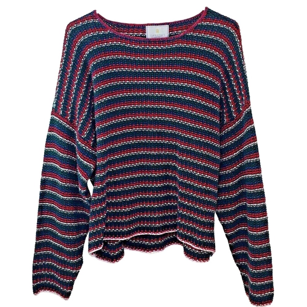 Vintage Express Sweater Womens L Red Green‎ Striped Christmas Chunky 100% Cotton